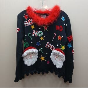 Vintage Berek 3D Santa Ugly Christmas Sweater Black Size Large FLAWS HO HO HO